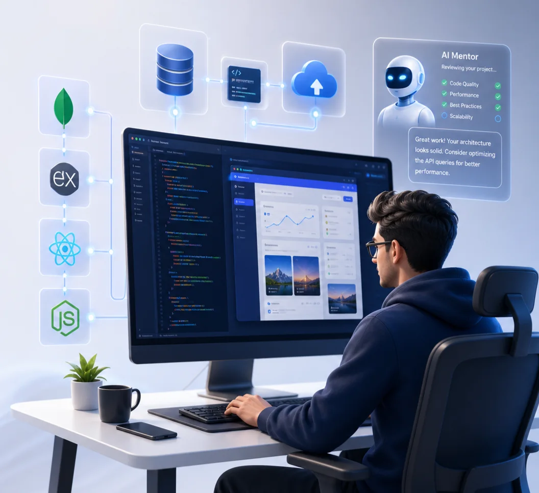 Developer working on MERN stack code on a laptop